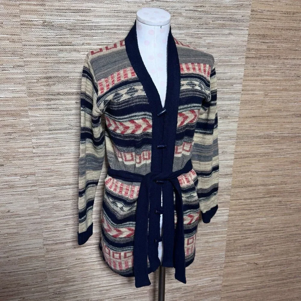 Vintage 1970s Aztec Style Acrylic Collageman Belted Cardigan Western Boho Size S